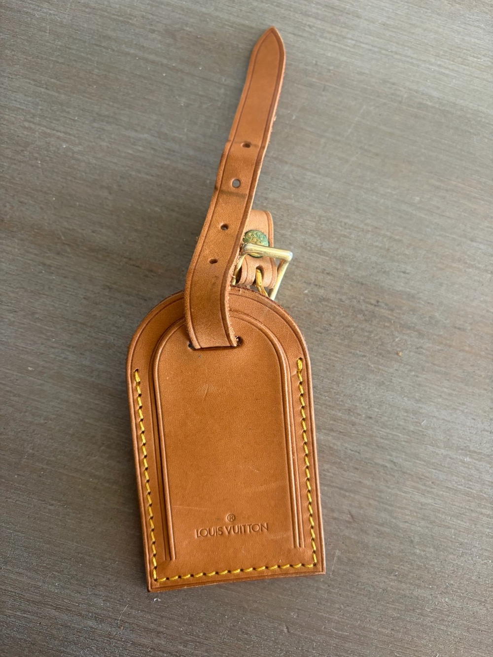 Louis Vuitton Brown Leather Luggage Tag with Yellow Stitching